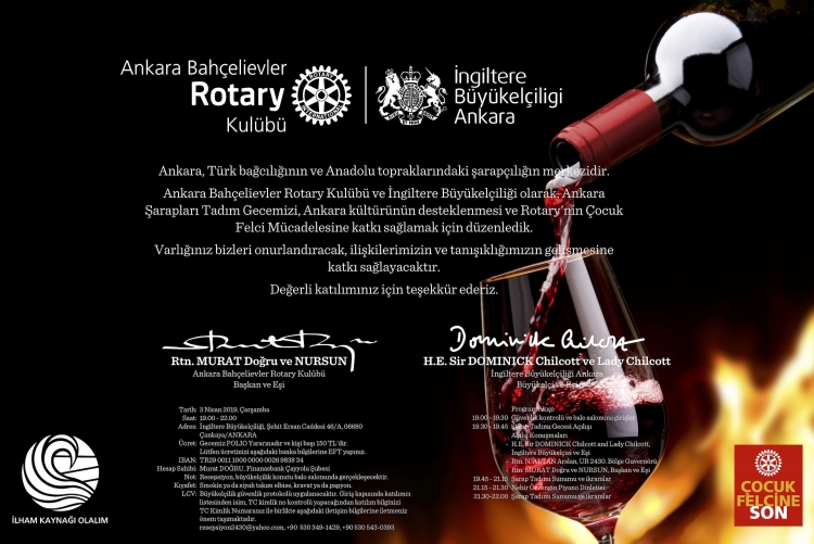 ANKARA BAHÇELİEVLER ROTARY KULÜBÜ, İNGİLTERE BÜYÜKELÇİLİĞİ KAVAKLIDERE ŞARAPLARI, ŞARAP TADIMI GECESİ, 3 NİSAN 2019