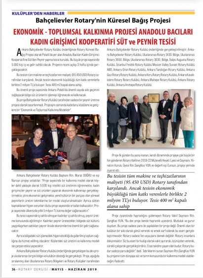 ROTARY DERGİSİNDE EKONOMİK ve TOPLUMSAL KALKINMA MODELİ SÜT PEYNİR ÜRETİMİ POLATLI ANADOLU BACILARI TESİSİMİZ HABER OLDU